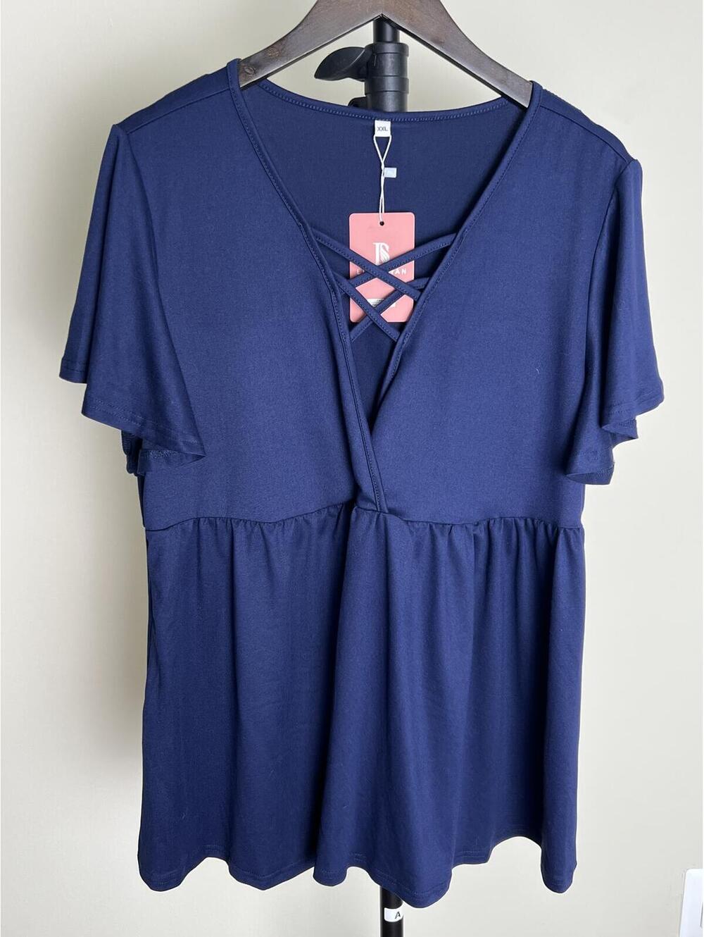 Navy Babydoll Top XXL Flowy Flutter Sleeve Criss Cross V Neck Boho Casual NWT